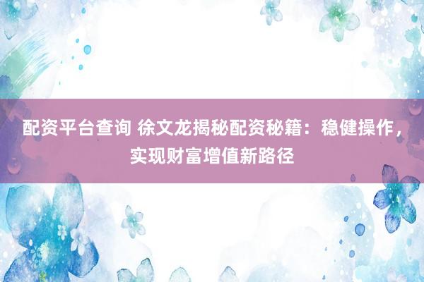 配资平台查询 徐文龙揭秘配资秘籍：稳健操作，实现财富增值新路径